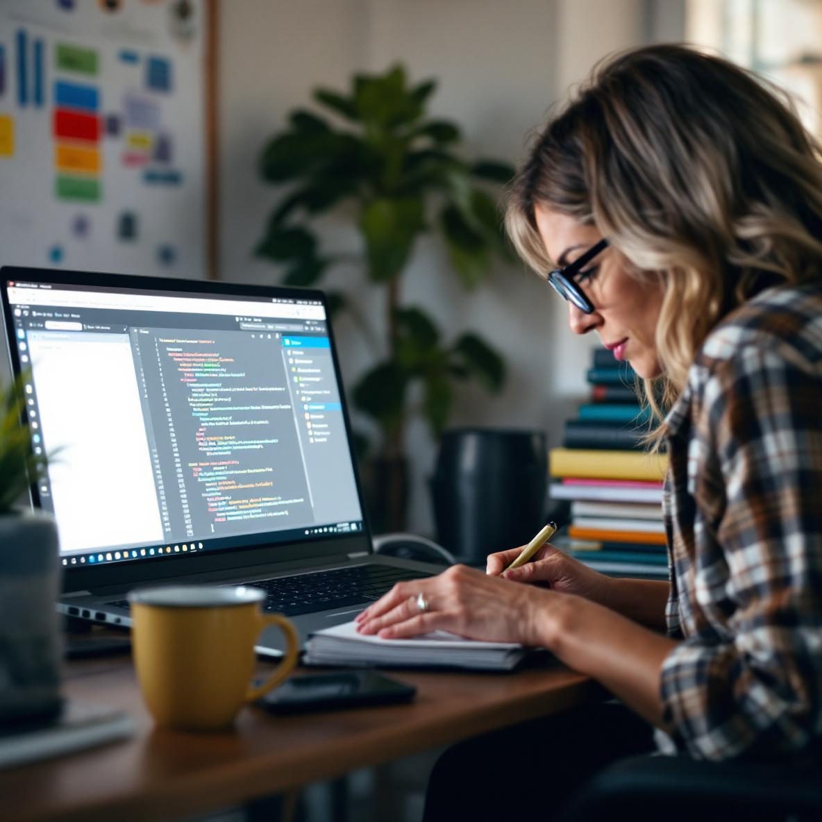 A software engineer focused on debugging code on a laptop in a bright modern office. The screen shows code snippets with error messages, with Slack and GitHub open in the background. The engineer, a middle-aged woman with glasses, is taking notes, surrounded by a coffee cup and technical books, while a whiteboard with flowcharts is visible behind her.
