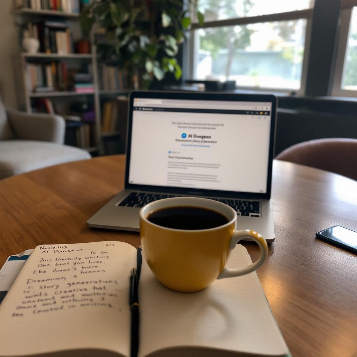 A warm writing space with a desk showcasing a laptop displaying AI Dungeon and Dreamily story generators. A cup of coffee and an open notebook with notes are visible, surrounded by bookshelves lined with novels and a cozy chair.