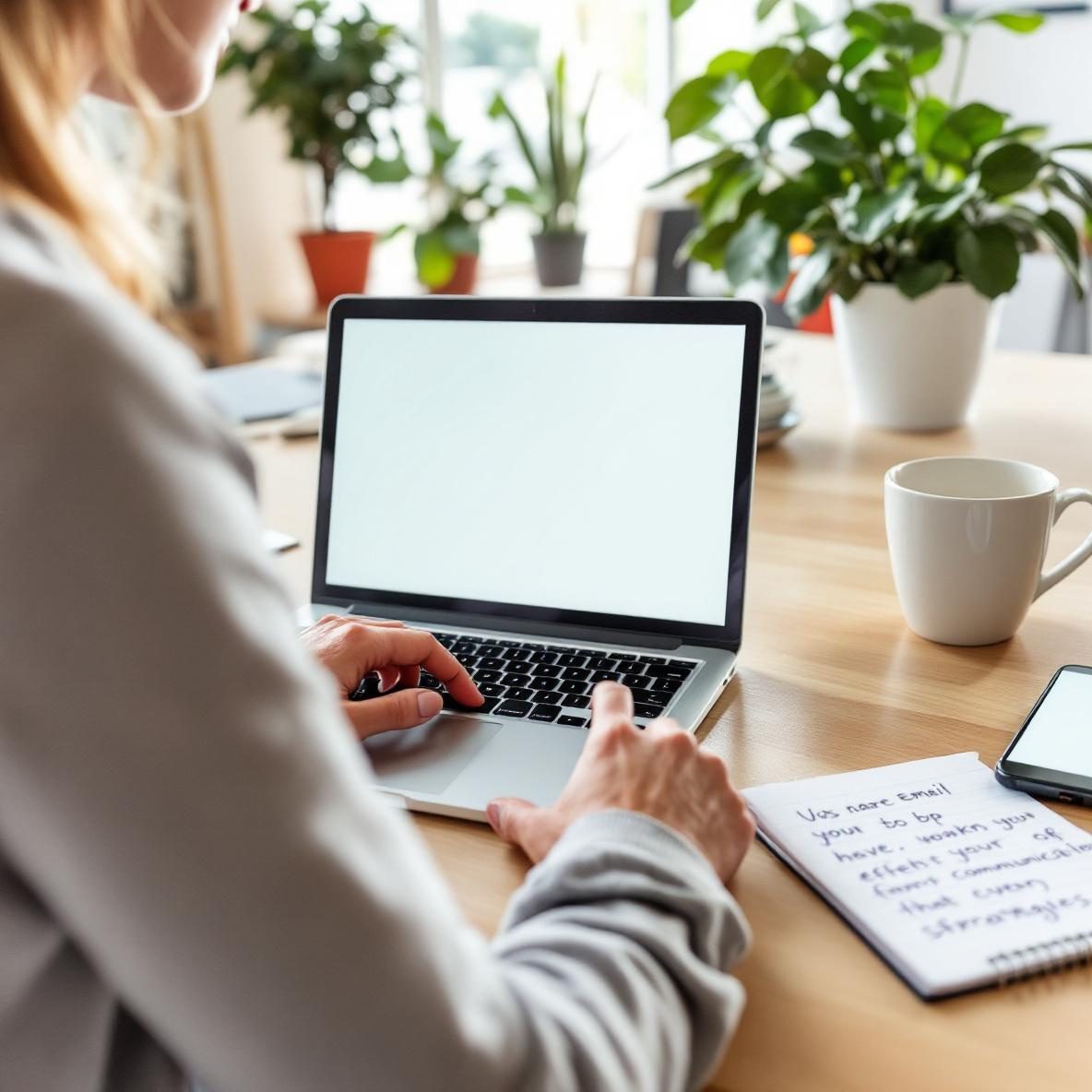 A focused individual at a contemporary office desk, composing a personalized email on a laptop. The laptop screen showcases an engaging email interface, while a notepad with communication tips and a smartphone are on the desk. The scene is illuminated by natural light, creating a productive atmosphere.