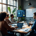 A team of diverse professionals in a modern office discussing AI governance, with a large screen showing compliance frameworks, laptops, and regulatory documents on the table, all under natural light coming from big windows.