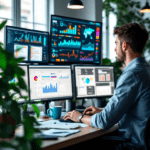 A young data analyst sitting at a modern office desk, intently analyzing data visualizations on multiple computer monitors. The office is bright and organized, featuring charts and graphs on the screens, with plants and notebooks present, conveying a focused atmosphere of research and data analysis.