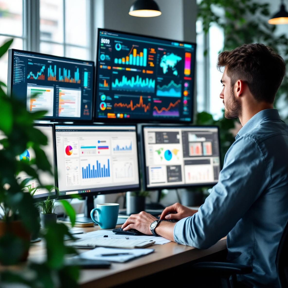 A young data analyst sitting at a modern office desk, intently analyzing data visualizations on multiple computer monitors. The office is bright and organized, featuring charts and graphs on the screens, with plants and notebooks present, conveying a focused atmosphere of research and data analysis.