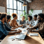 A diverse group of people in a co-working space discussing ways to generate inclusive content. One individual uses assistive technology to interact with a device while others actively participate, creating a collaborative atmosphere. Bright lighting and modern decor enhance the scene.