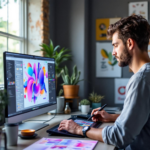 A creative professional using Adobe Firefly on a computer, focused on a design project with a vibrant display on the screen. The workspace is organized with design sketches and inspiration boards, and natural light illuminates the area.