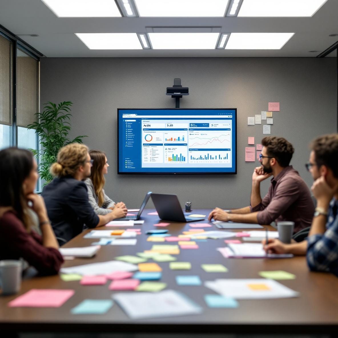 A diverse group of professionals in a modern office setting participating in an Agile release planning meeting. They are focused on a large display showing Azure DevOps project metrics, with a laptop open to the Azure DevOps software. The table is covered with planning documents and sticky notes, highlighting a collaborative team effort.