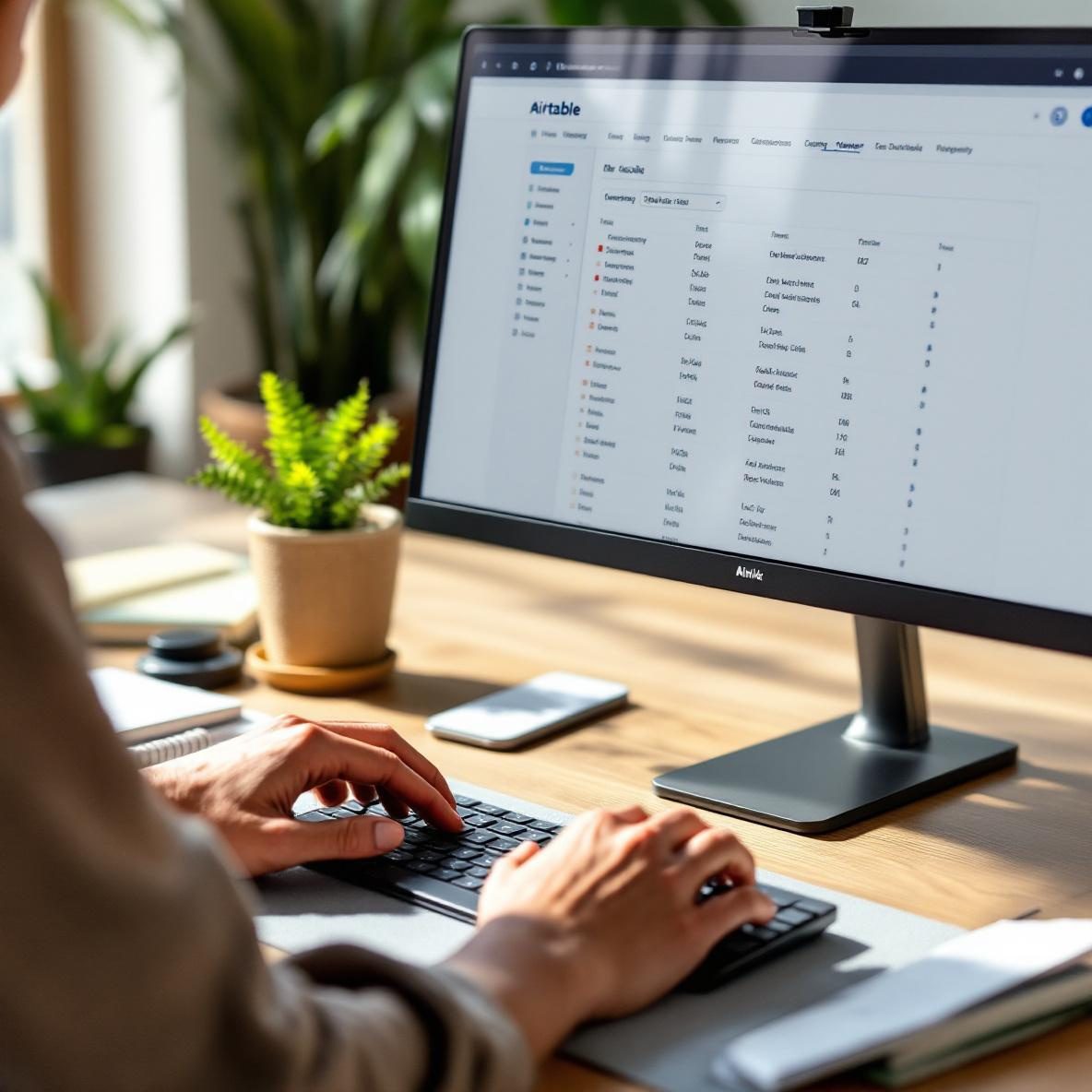 A user interacting with a computer displaying the Airtable database interface, emphasizing database automation and data processing in a bright, organized workspace.