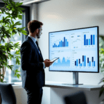 An office environment with a large monitor displaying an analytics dashboard featuring Google Analytics and Tableau. A business professional examines the dashboard, which includes bar charts and line graphs, while using a tablet, illustrating a focus on digital performance tracking.
