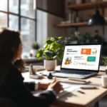 A modern office scene with a sleek laptop displaying a presentation made with Beautiful.ai and Gamma App. A person in business attire gestures towards the screen, illustrating a professional design. Sunlight filters through a large window, illuminating the stylish desk with office supplies and a plant.