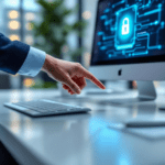 A professional in an office uses a fingerprint scanner for biometric authentication at their workstation, with a computer screen displaying a secure login interface, emphasizing digital security and productivity.