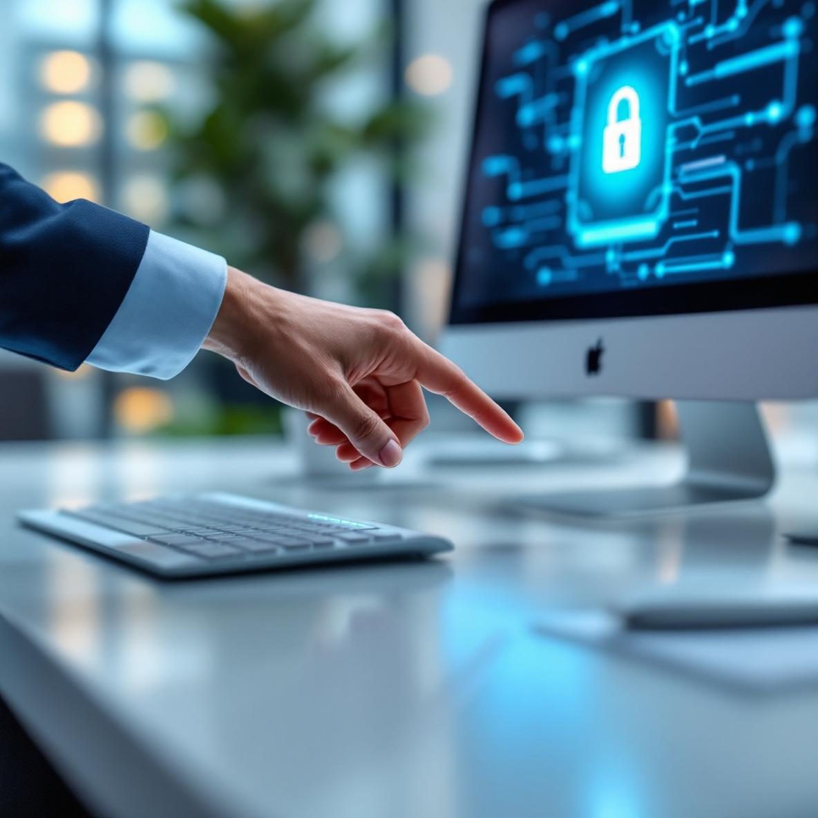 A professional in an office uses a fingerprint scanner for biometric authentication at their workstation, with a computer screen displaying a secure login interface, emphasizing digital security and productivity.