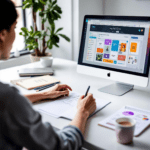 A person in a modern workspace working on graphic design using Canva Magic Studio, with the vibrant Canva interface visible on their computer screen, surrounded by a notebook with sketches and a cup of coffee.