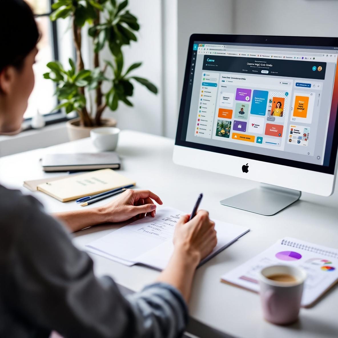 A person in a modern workspace working on graphic design using Canva Magic Studio, with the vibrant Canva interface visible on their computer screen, surrounded by a notebook with sketches and a cup of coffee.