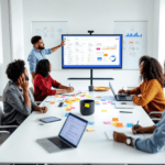 A group of diverse professionals collaborating in an office space, discussing digital adoption strategies. One person is presenting information on a large screen, while others are engaged with laptops and tablets. The table is covered with sticky notes and documents, and a whiteboard shows diagrams of change management models.