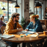 Two friends at a coffee shop enthusiastically role-playing a game, with character sheets, dice, and notes on the table, while warm natural light fills the cozy space.