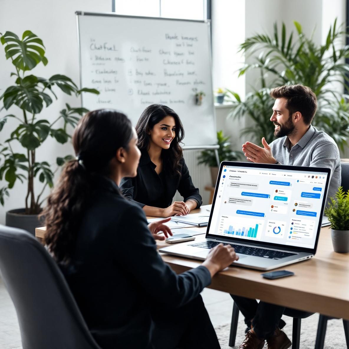 A contemporary office scene with two laptops showing ChatFuel and ManyChat interfaces. A South Asian businesswoman collaborates with a Caucasian man, discussing chatbot designs and performance metrics. A whiteboard with strategic notes can be seen in the background.