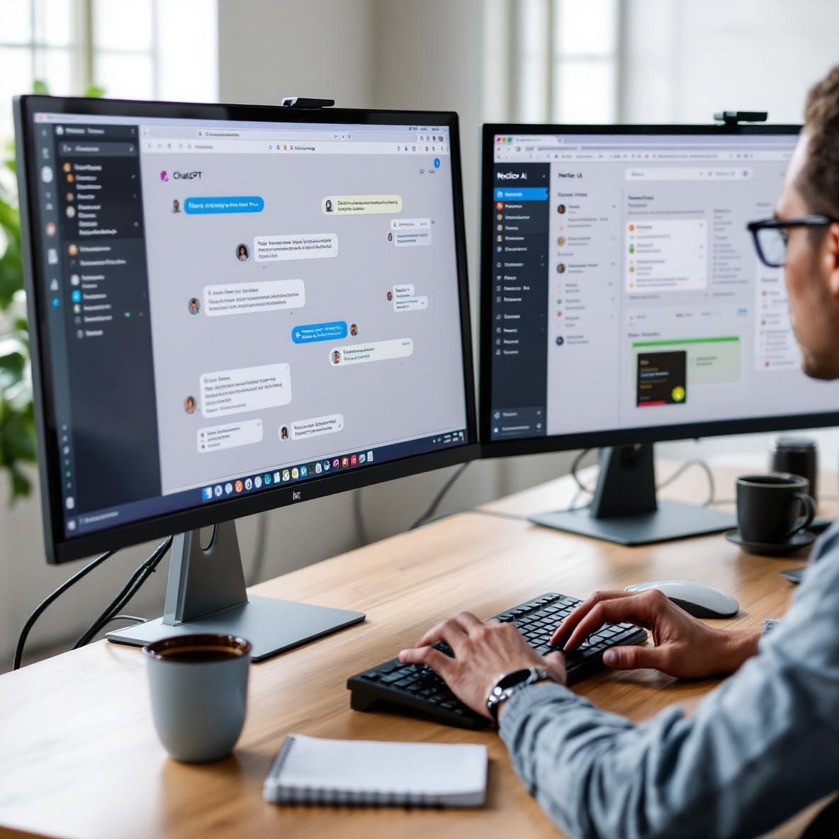 A modern office workspace with two computer screens; one displaying a ChatGPT chat interface and the other showing a Notion AI dashboard. A person is actively typing at a keyboard, emphasizing the use of digital tools for workflow productivity.