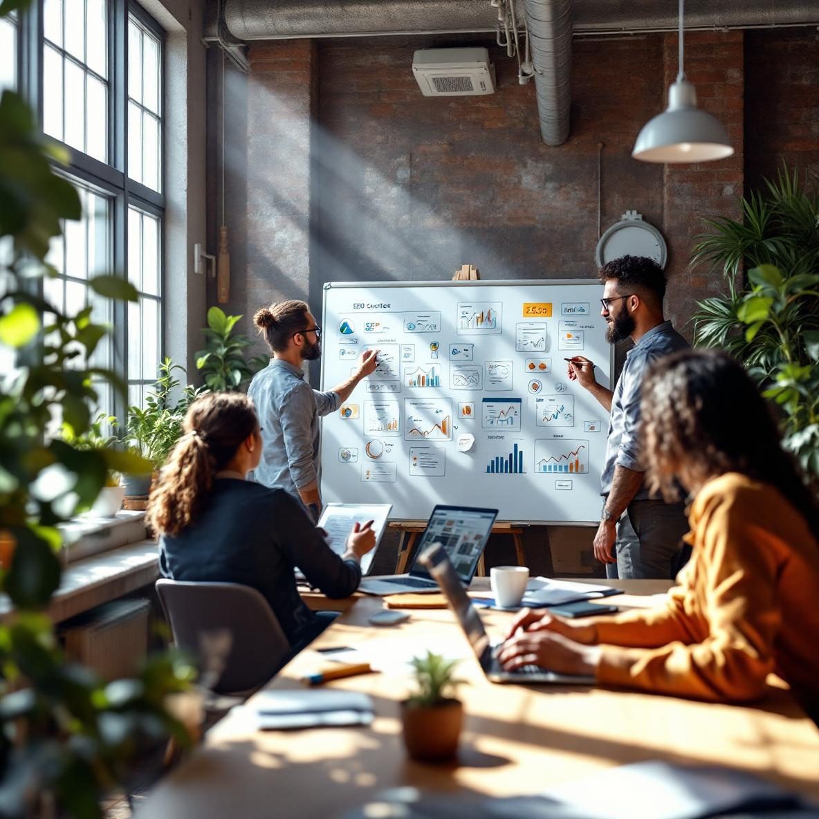 A busy coworking space where professionals are engaged in SEO content creation. A woman at a table is focused on her laptop, looking at documents on Google Drive, while a man discusses SEO strategies on a whiteboard filled with notes. Bright sunlight filters in through windows, creating a vibrant atmosphere.