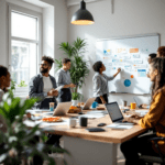 A diverse team of professionals works together in a modern office, collaborating on project management using ClickUp and Asana. They are gathered around a table with laptops open, discussing strategies and reviewing tasks on a whiteboard filled with diagrams.