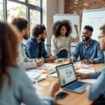 A diverse group of professionals collaborating around a table in a bright office, brainstorming and solving problems together. One individual is writing ideas on a whiteboard while another looks at a laptop showing Google Drive, showcasing teamwork and critical analysis in action.