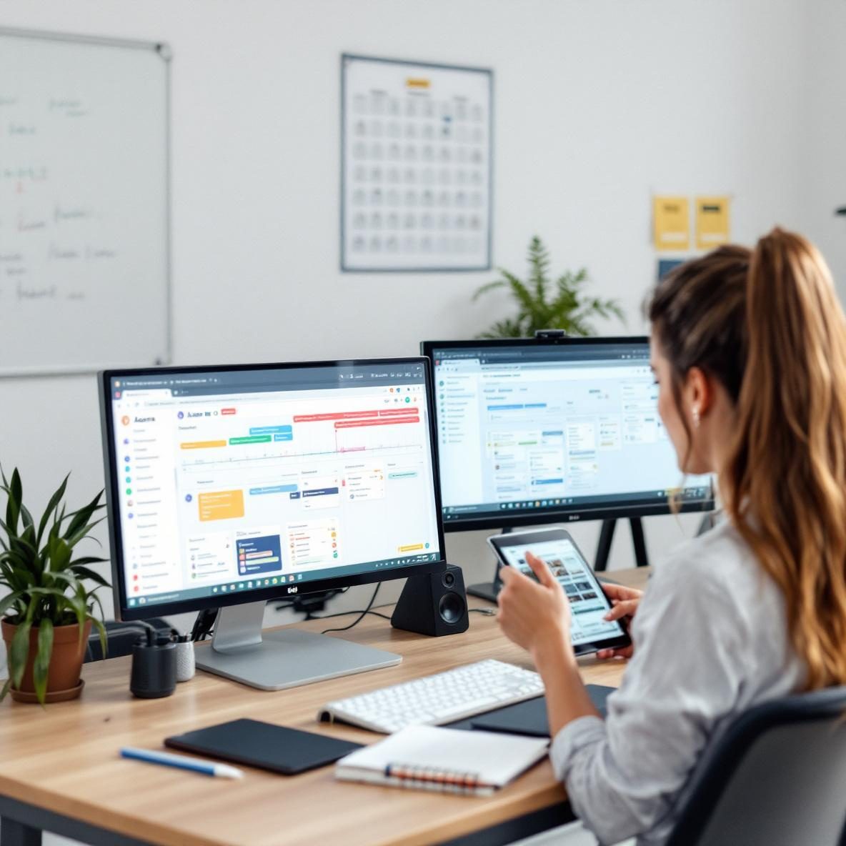 A bright office workspace with a person using Asana and Trello on a computer. The screens display colorful project boards while the individual takes notes on a tablet. A whiteboard with brainstorming ideas and a calendar are seen in the background, symbolizing an organized digital publishing strategy.