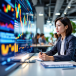 A professional woman in a business outfit analyzing a digital control chart on a screen in a busy office. The chart displays colorful data lines, indicating real-time performance monitoring, while her focused expression shows her engagement with the data.