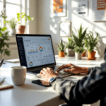 A digital marketer in a modern office examining conversion funnel metrics on a laptop, with Google Analytics and Hotjar dashboards visible on the screen. The workspace is bright and organized, featuring plants and motivational posters, while the marketer takes notes and enjoys a coffee mug beside the laptop.