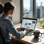 A professional working in a modern office environment, using Microsoft 365 Copilot on a laptop, surrounded by a city view, ergonomic chair, and office supplies, emphasizing productivity with AI.