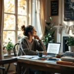 A writer at a wooden desk in a cozy writing nook, deeply engaged in the creative process of poetry and fiction generation. The desk is cluttered with notebooks and pens, and a laptop displays text, while natural light streams in from a large window.