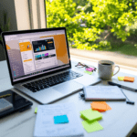 A well-organized modern workspace with a laptop showing a custom GPT interface. The scene includes a cup of coffee, colorful post-it notes, and a notepad with notes on prompt engineering, all illuminated by natural sunlight coming through a large window.