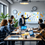 A diverse group of cybersecurity professionals in a modern office, engaged in a discussion around digital asset protection strategies with laptops showing the NIST and ISO 27001 frameworks, and a projector displaying a diagram of cybersecurity protocols.