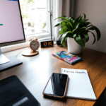 A calming home office setup featuring a closed smartphone beside a potted plant, emphasizing a digital detox. A notepad with focus goals lies on a wooden desk, and a desktop computer screen displays a paused social media page, creating an atmosphere of concentration and serenity.