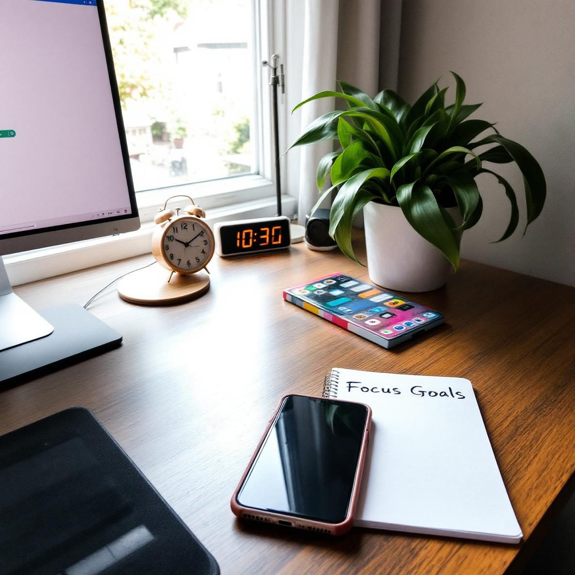 A calming home office setup featuring a closed smartphone beside a potted plant, emphasizing a digital detox. A notepad with focus goals lies on a wooden desk, and a desktop computer screen displays a paused social media page, creating an atmosphere of concentration and serenity.