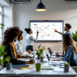 A group of diverse professionals collaborating in a modern office, interacting with a large digital whiteboard showcasing Miro and Mural platforms. One person is drawing while others discuss, highlighting a vibrant team meeting focused on productivity.