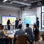 A modern office with professionals collaborating around a table, using digital whiteboards Miro and Mural. One person points at a colorful Miro board, while another uses a laptop connected to a Mural board displayed on the wall, illustrating effective remote collaboration.