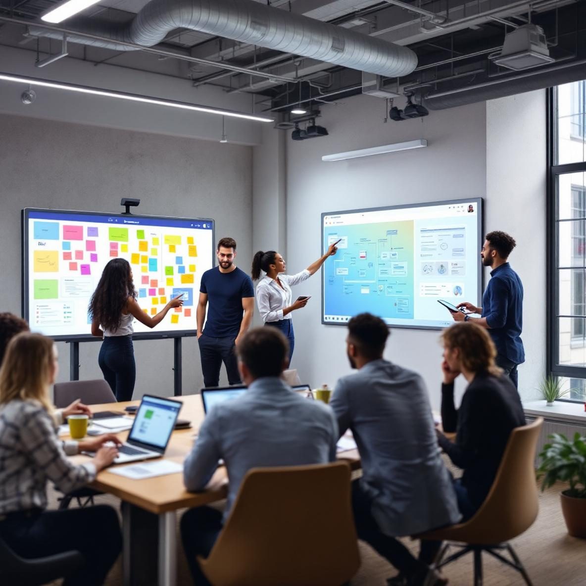 A modern office with professionals collaborating around a table, using digital whiteboards Miro and Mural. One person points at a colorful Miro board, while another uses a laptop connected to a Mural board displayed on the wall, illustrating effective remote collaboration.