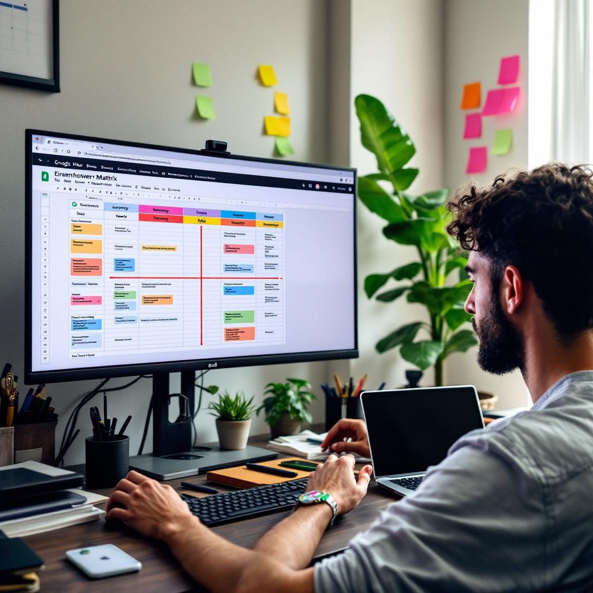 A person sitting at a desk in a bright, modern office, looking at a computer screen showing a colorful Eisenhower Matrix in Google Sheets, with sticky notes and a calendar visible in the background.