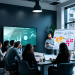 A diverse team of professionals at a conference table discussing bias mitigation strategies in generative AI. They are examining a large screen with data visualizations, while some take notes on laptops. A whiteboard filled with brainstorming ideas is visible in the background, illuminated by natural light from large windows.