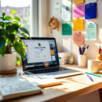 A cozy home office setup with a laptop displaying a Notion template and a nearby notebook with notes. Colorful Evernote templates are mounted on the wall. The desk is organized with stationery, a coffee mug, and a small plant, all illuminated by natural sunlight from a window, creating an inviting atmosphere for productivity.