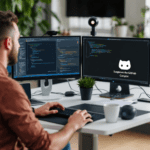 A focused developer at a modern workspace with dual monitors; one showcases GitHub Copilot suggesting code completions, while the other displays lines of code. The workspace is bright and organized, reflecting a productive environment.