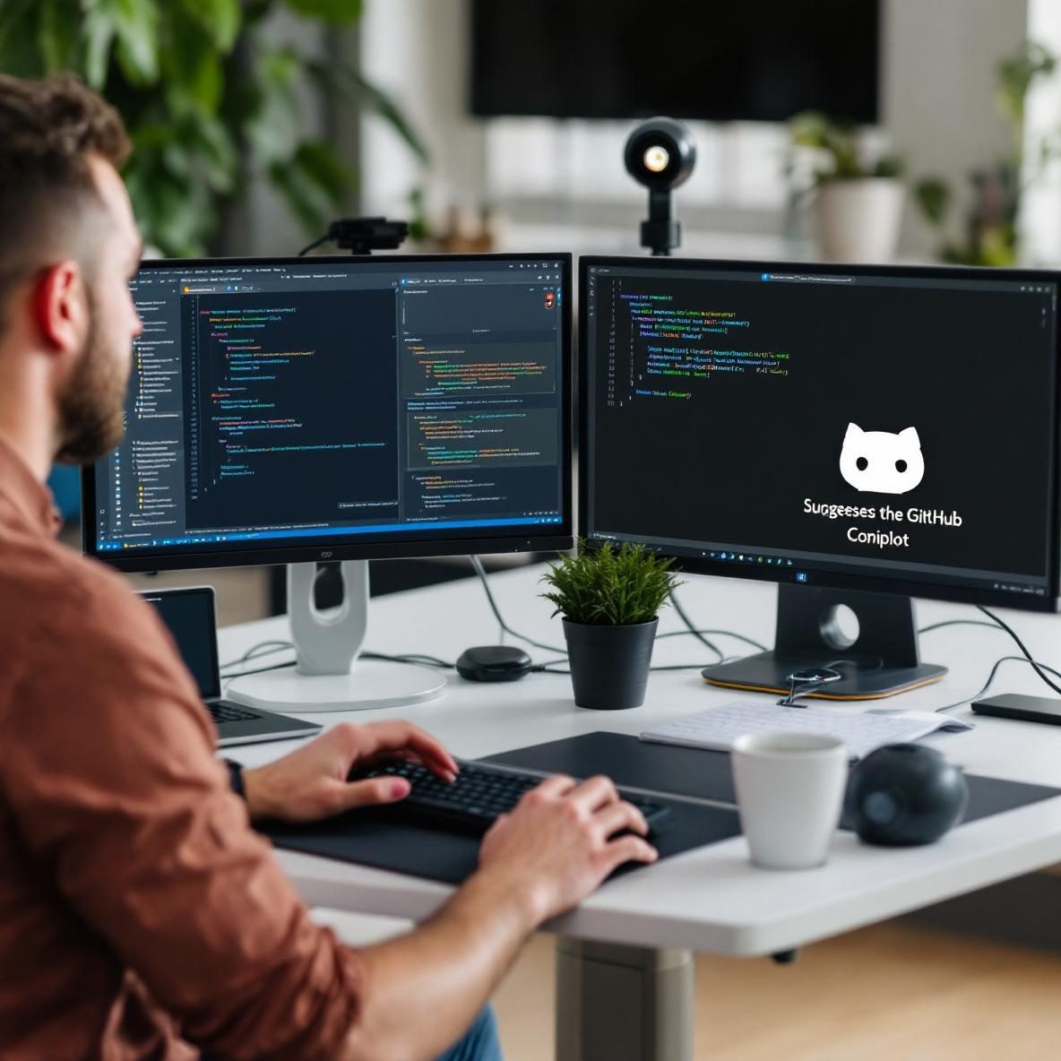 A focused developer at a modern workspace with dual monitors; one showcases GitHub Copilot suggesting code completions, while the other displays lines of code. The workspace is bright and organized, reflecting a productive environment.