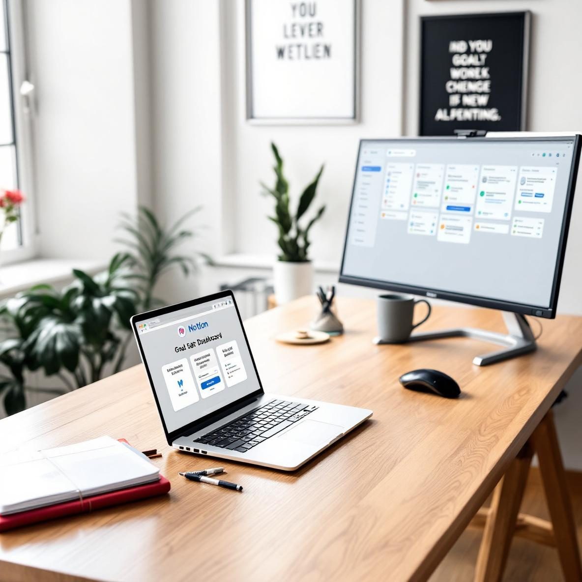 A bright and organized home office with a wooden desk featuring a laptop displaying a Notion goal-setting dashboard, and a second monitor showing a Trello board with tasks. The room is adorned with motivational quotes on the walls, and stationery is arranged beside the laptop, highlighting a productive atmosphere.