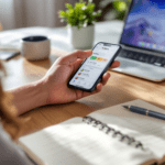 A person interacting with the Habitica app on a smartphone, surrounded by a cozy workspace that includes a notebook with habit tracking notes, a pen, and a laptop, all bathed in soft natural light.