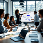 A group of diverse professionals in a modern office engaging in a brainstorming session about AI prompting for factual accuracy, with a flowchart displayed on the screen behind them.
