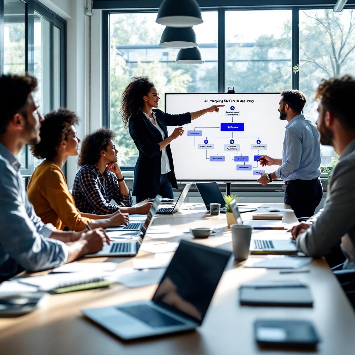 A group of diverse professionals in a modern office engaging in a brainstorming session about AI prompting for factual accuracy, with a flowchart displayed on the screen behind them.