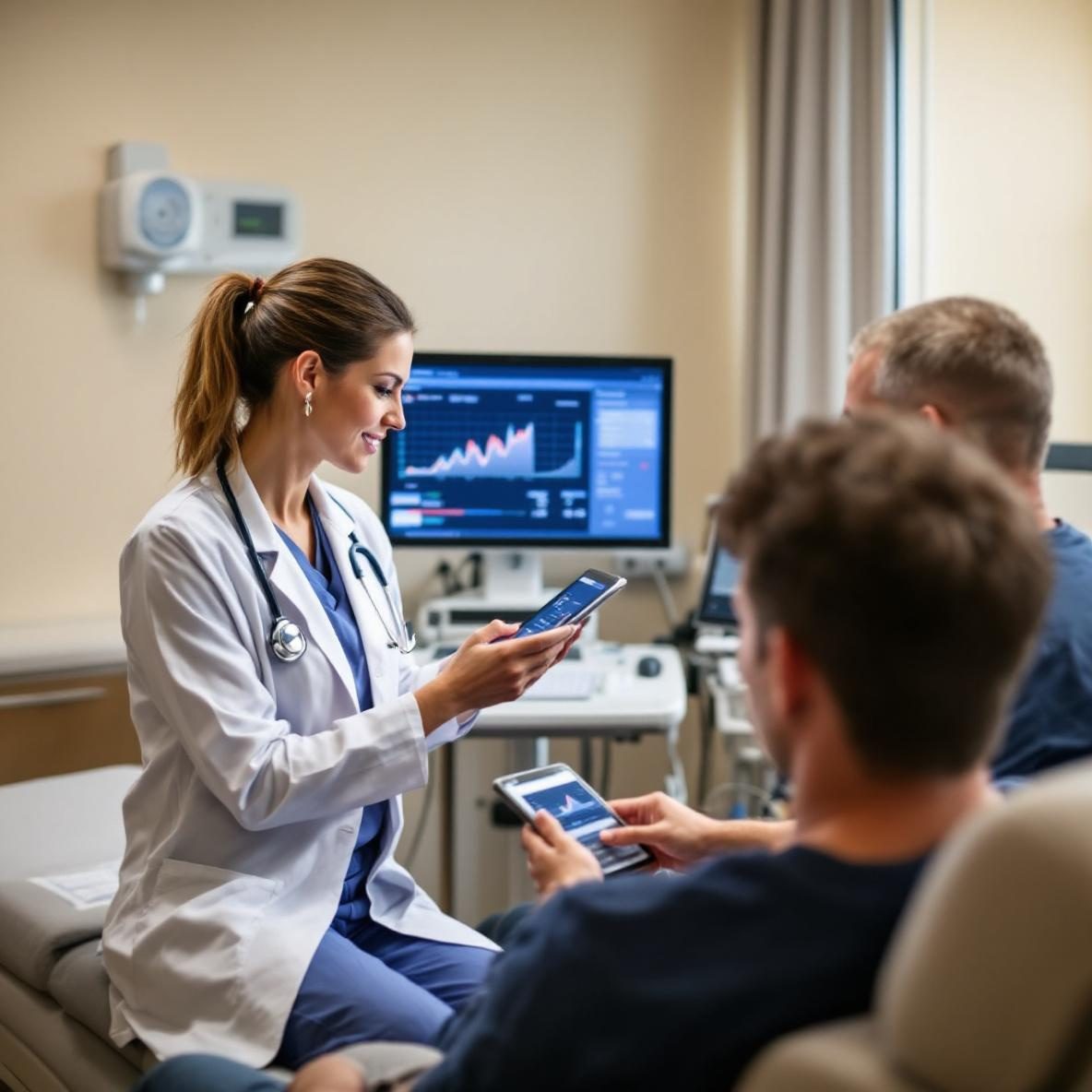 A healthcare professional in scrubs discusses medical data with a patient in a modern hospital room. The professional holds a digital tablet showing health metrics, while the patient is seated on an examination bed.