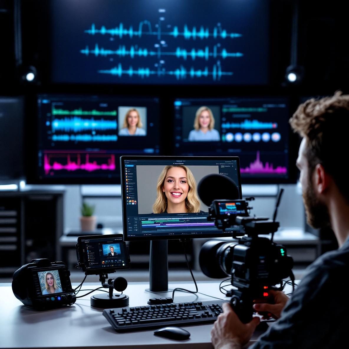 A modern video editing studio where a user is utilizing HeyGen software for AI video creation. The scene captures the interaction with voice cloning tools as the editor monitors lip syncing with a person speaking in front of a camera, surrounded by high-tech equipment like microphones and lighting.