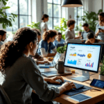 A lively co-working space where a diverse group of people collaborate on AI projects. One individual is focused on a laptop displaying the Kaggle and Hugging Face logos, with graphs representing machine learning models. The environment is bright and modern, emphasizing a community working together in technology.