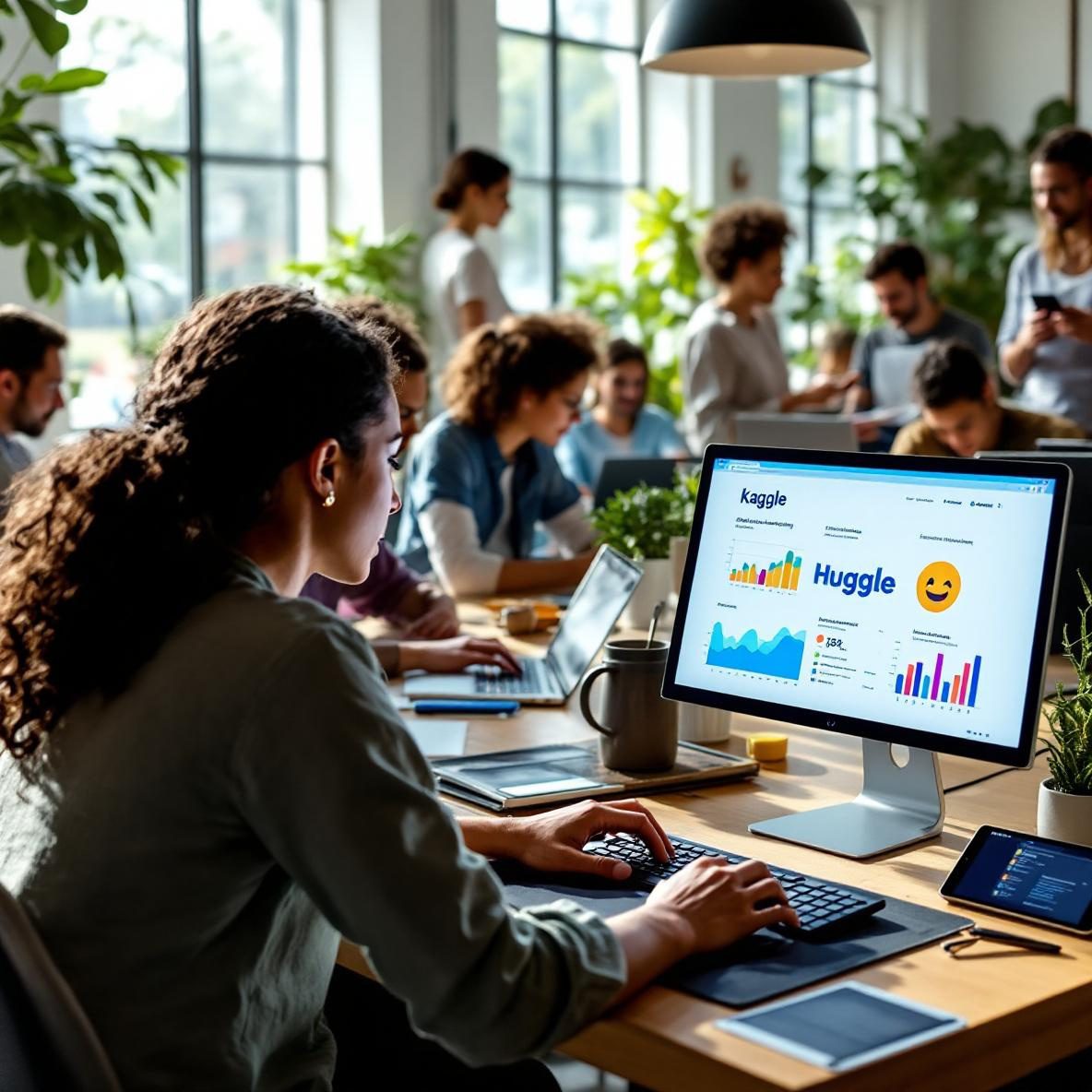 A lively co-working space where a diverse group of people collaborate on AI projects. One individual is focused on a laptop displaying the Kaggle and Hugging Face logos, with graphs representing machine learning models. The environment is bright and modern, emphasizing a community working together in technology.