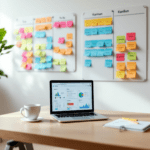 A modern office workspace with two large Kanban boards on the walls filled with colorful sticky notes indicating different workflow stages. One board represents tasks in Trello, labeled 'To Do', 'In Progress', and 'Done'. A laptop shows the Trello interface with project metrics, alongside a coffee cup and a notepad, illustrating a collaborative work environment.