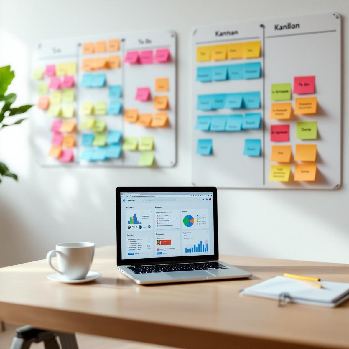 A modern office workspace with two large Kanban boards on the walls filled with colorful sticky notes indicating different workflow stages. One board represents tasks in Trello, labeled 'To Do', 'In Progress', and 'Done'. A laptop shows the Trello interface with project metrics, alongside a coffee cup and a notepad, illustrating a collaborative work environment.